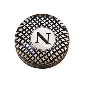 Two’s Company Round Glass Initial N Paper Weight Black Graphic White Background